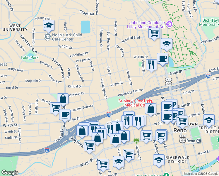 map of restaurants, bars, coffee shops, grocery stores, and more near 625 University Terrace in Reno