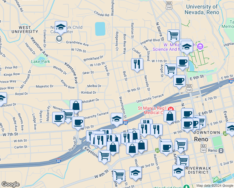 map of restaurants, bars, coffee shops, grocery stores, and more near 810 Whitaker Drive in Reno