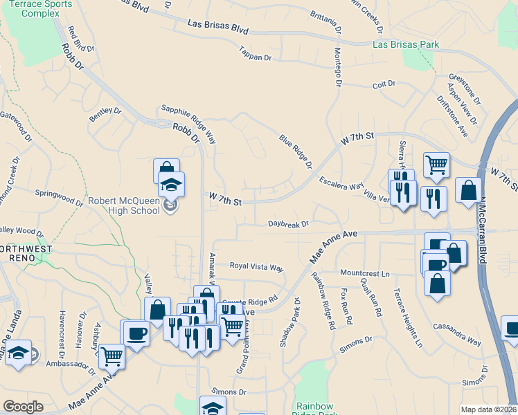 map of restaurants, bars, coffee shops, grocery stores, and more near 1900 Stargaze Way in Reno
