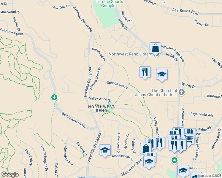 map of restaurants, bars, coffee shops, grocery stores, and more near 6572 Breckenridge Way in Reno