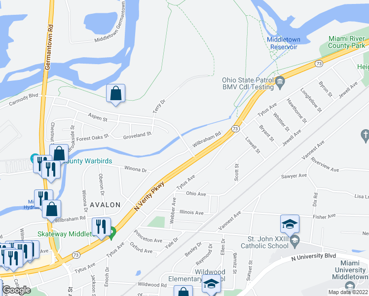 map of restaurants, bars, coffee shops, grocery stores, and more near 2968 Wilbraham Road in Middletown