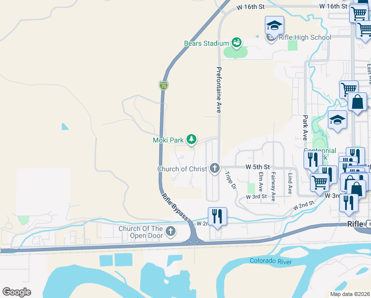 map of restaurants, bars, coffee shops, grocery stores, and more near 674 Mesa Court in Rifle
