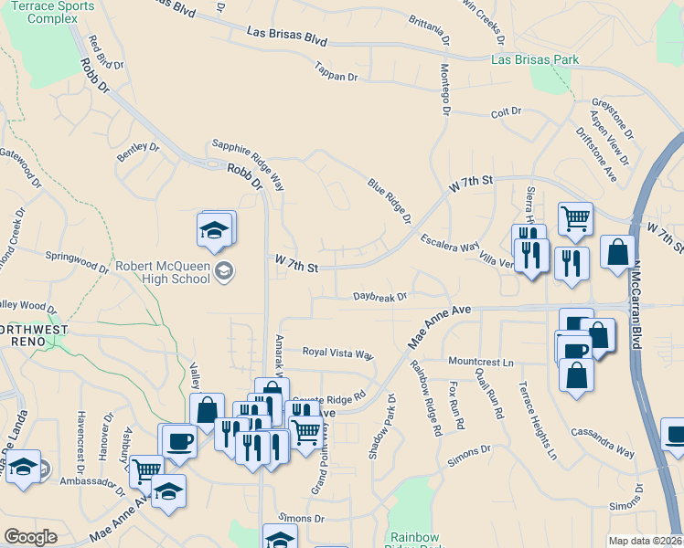 map of restaurants, bars, coffee shops, grocery stores, and more near 1900 Stargaze Way in Reno