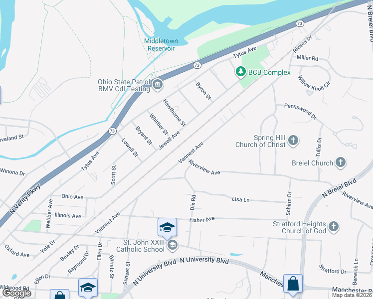 map of restaurants, bars, coffee shops, grocery stores, and more near 3808 Jewell Avenue in Middletown
