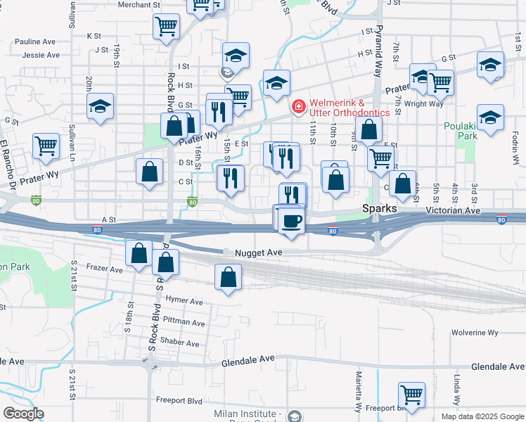 map of restaurants, bars, coffee shops, grocery stores, and more near Victorian Avenue in Sparks