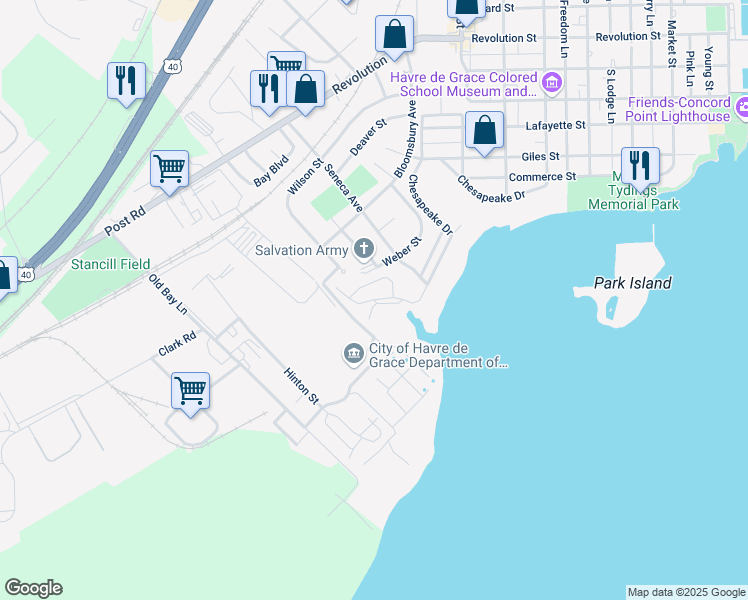 map of restaurants, bars, coffee shops, grocery stores, and more near 1130 Chesapeake Drive in Havre de Grace