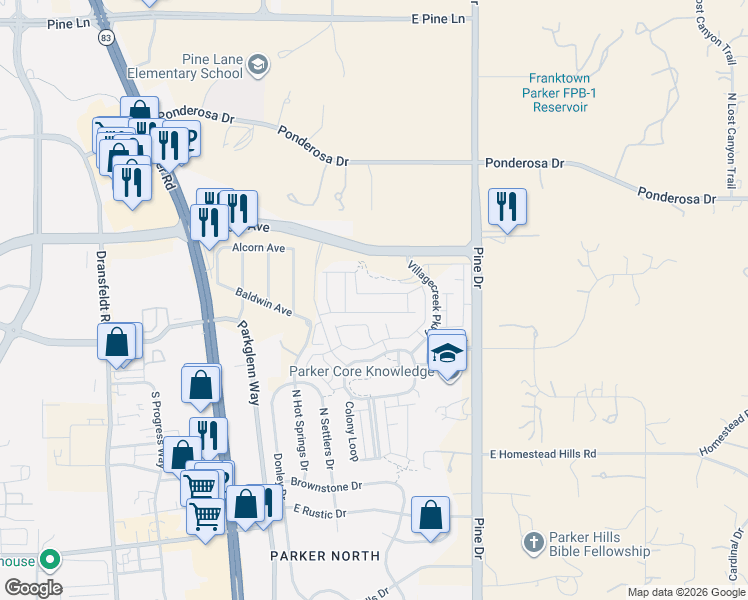 map of restaurants, bars, coffee shops, grocery stores, and more near 6793 Zebra Grass Lane in Parker