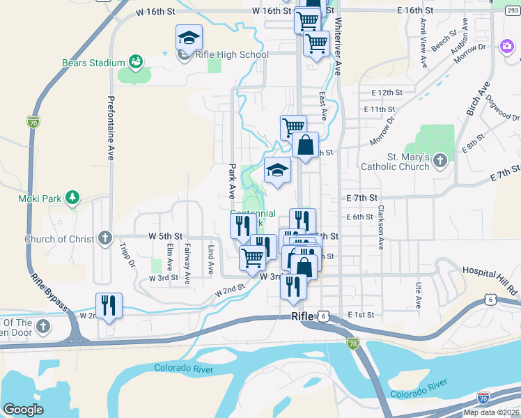 map of restaurants, bars, coffee shops, grocery stores, and more near Rifle Creek Trail in Rifle
