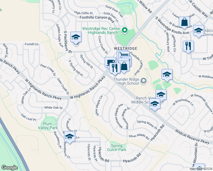 map of restaurants, bars, coffee shops, grocery stores, and more near 9924 Silver Maple Way in Littleton