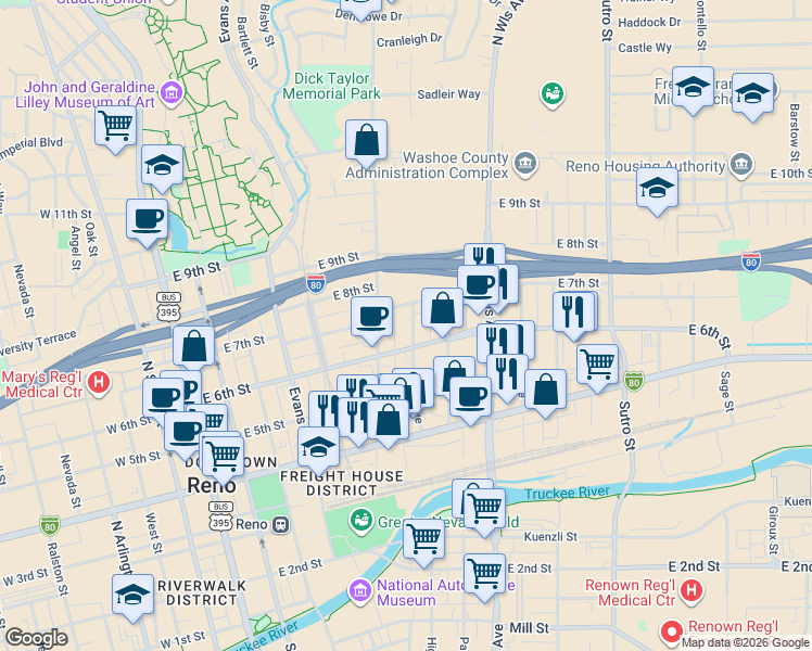 map of restaurants, bars, coffee shops, grocery stores, and more near 606 East 7th Street in Reno