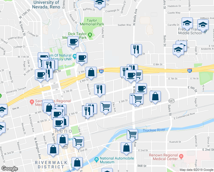 map of restaurants, bars, coffee shops, grocery stores, and more near 765 Valley Road in Reno