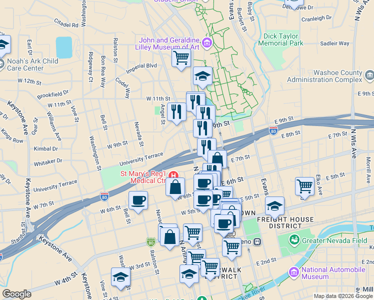 map of restaurants, bars, coffee shops, grocery stores, and more near 840 North Sierra Street in Reno