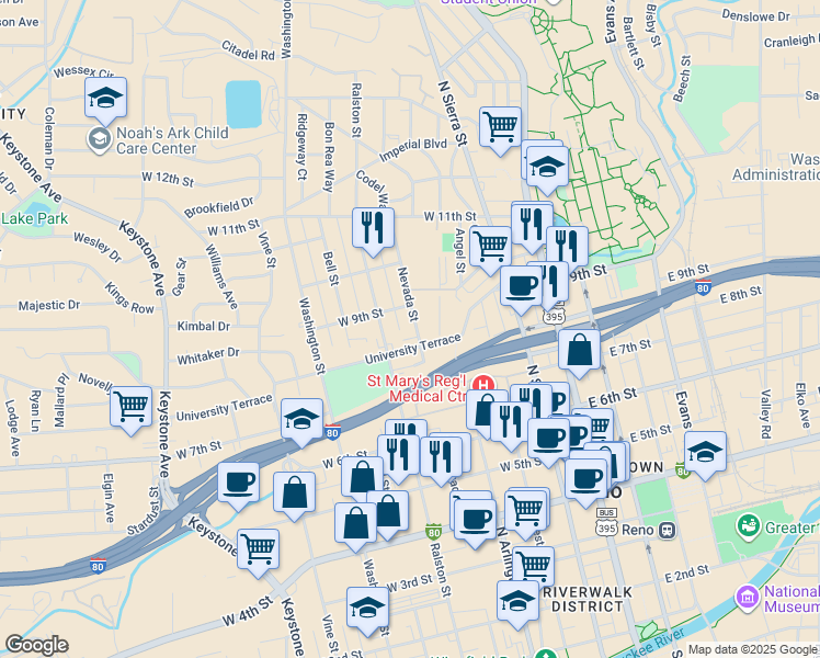 map of restaurants, bars, coffee shops, grocery stores, and more near 411 West 9th Street in Reno