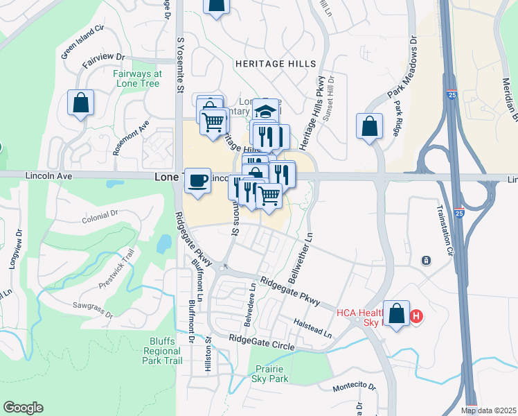 map of restaurants, bars, coffee shops, grocery stores, and more near 9998 Commons Street in Lone Tree