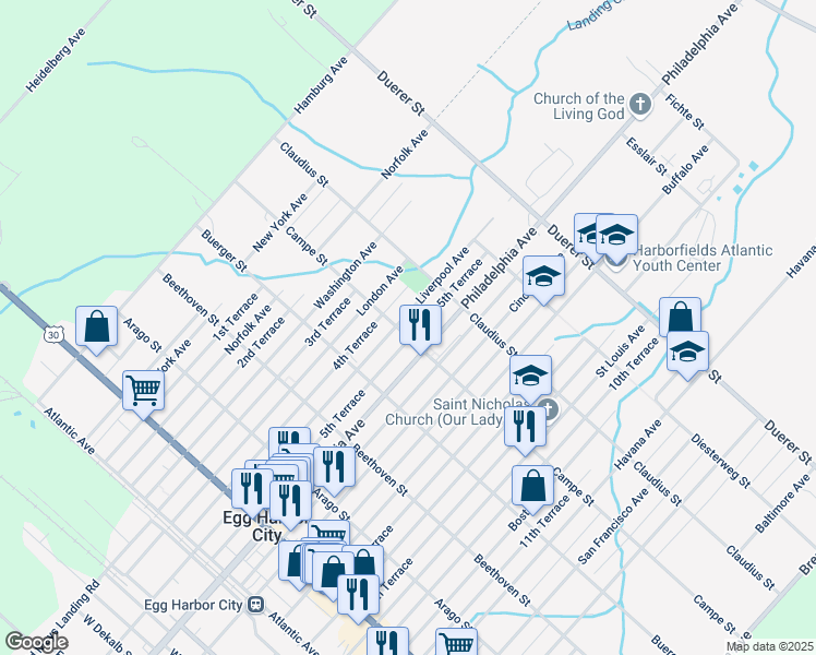 map of restaurants, bars, coffee shops, grocery stores, and more near 534 Liverpool Avenue in Egg Harbor City