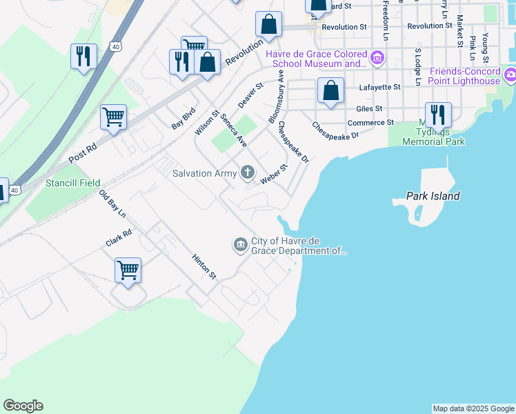 map of restaurants, bars, coffee shops, grocery stores, and more near 1126 Chesapeake Drive in Havre de Grace