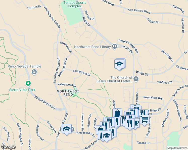 map of restaurants, bars, coffee shops, grocery stores, and more near 6381 Springwood Drive in Reno