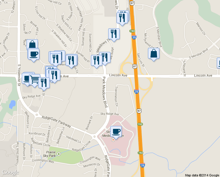map of restaurants, bars, coffee shops, grocery stores, and more near 10020 Trainstation Circle in Lone Tree