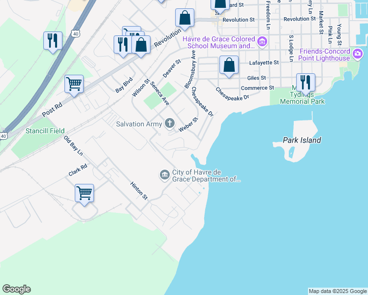 map of restaurants, bars, coffee shops, grocery stores, and more near 1120 Chesapeake Drive in Havre de Grace