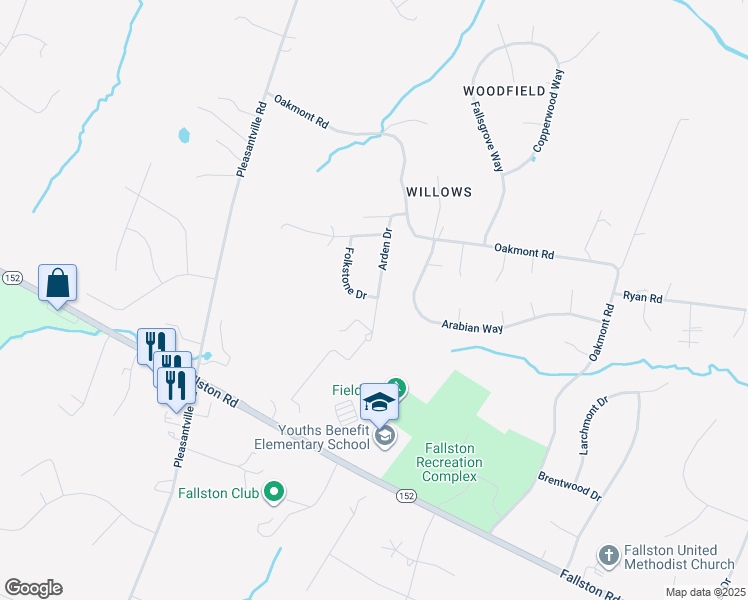 map of restaurants, bars, coffee shops, grocery stores, and more near 2208 Arden Drive in Fallston