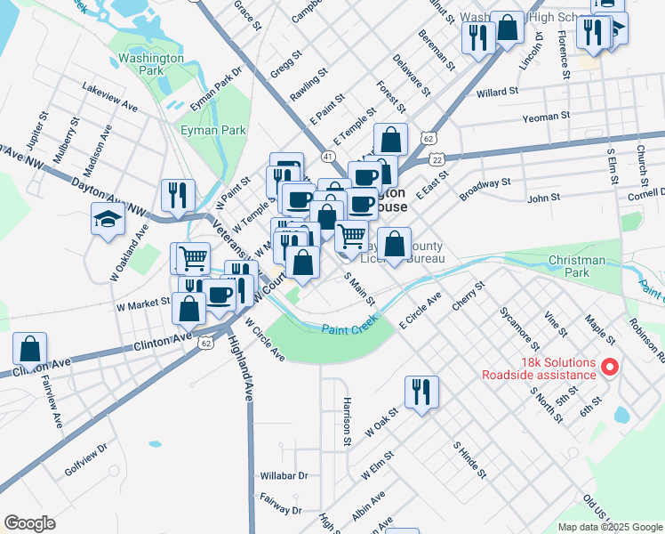 map of restaurants, bars, coffee shops, grocery stores, and more near 153 South Main Street in Washington Court House