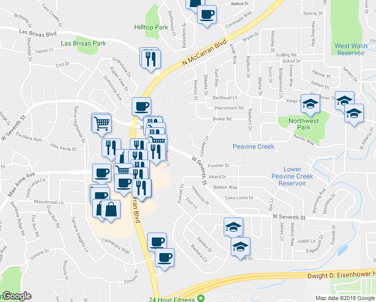 map of restaurants, bars, coffee shops, grocery stores, and more near 3951 West 7th Street in Reno