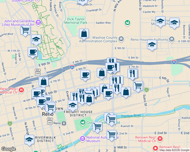 map of restaurants, bars, coffee shops, grocery stores, and more near 606 East 7th Street in Reno