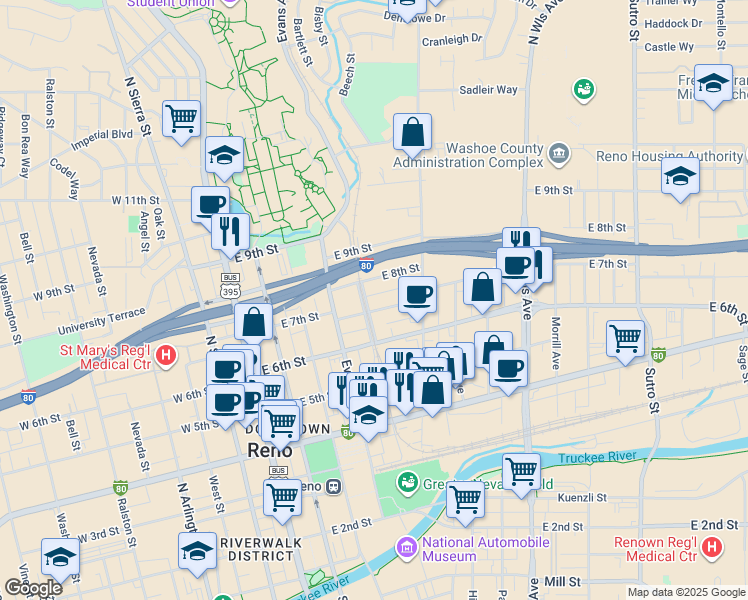 map of restaurants, bars, coffee shops, grocery stores, and more near 440 East 8th Street in Reno