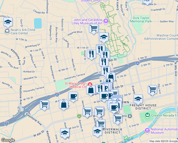 map of restaurants, bars, coffee shops, grocery stores, and more near 792 West Street in Reno