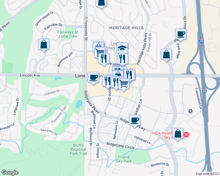 map of restaurants, bars, coffee shops, grocery stores, and more near 9998 Commons Street in Lone Tree