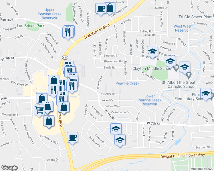 map of restaurants, bars, coffee shops, grocery stores, and more near 1244 Laredo Court in Reno
