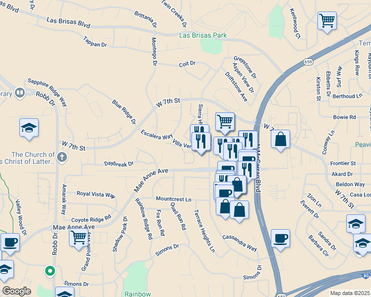 map of restaurants, bars, coffee shops, grocery stores, and more near 5250 Villa Verde Drive in Reno