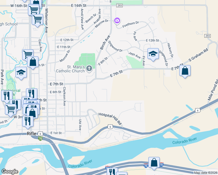 map of restaurants, bars, coffee shops, grocery stores, and more near 506 County Road 294 in Rifle