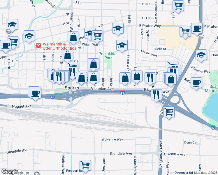 map of restaurants, bars, coffee shops, grocery stores, and more near 275 C Street in Sparks