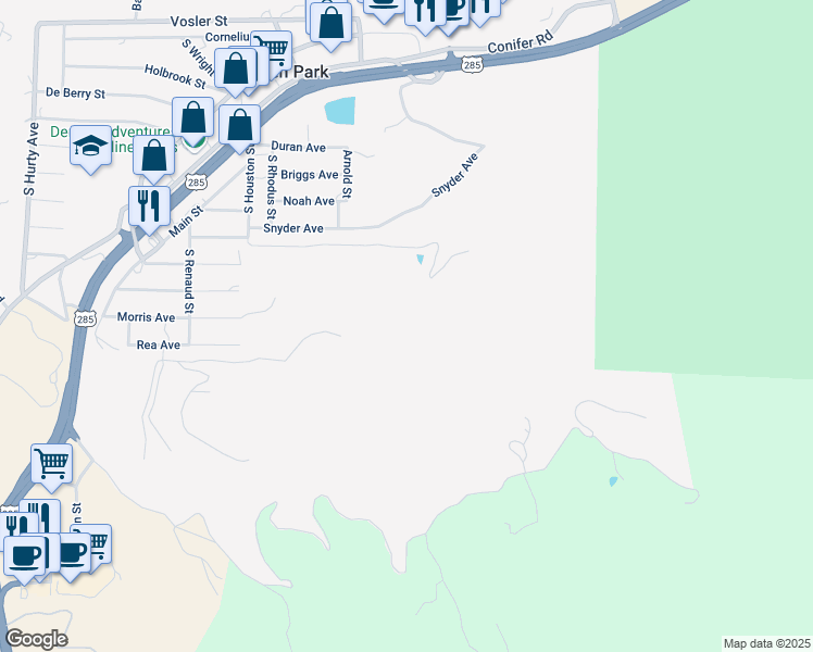 map of restaurants, bars, coffee shops, grocery stores, and more near 9929 Houston Street in Conifer