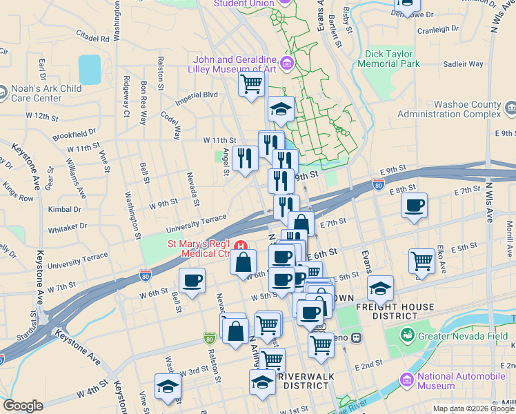 map of restaurants, bars, coffee shops, grocery stores, and more near 815 North Sierra Street in Reno