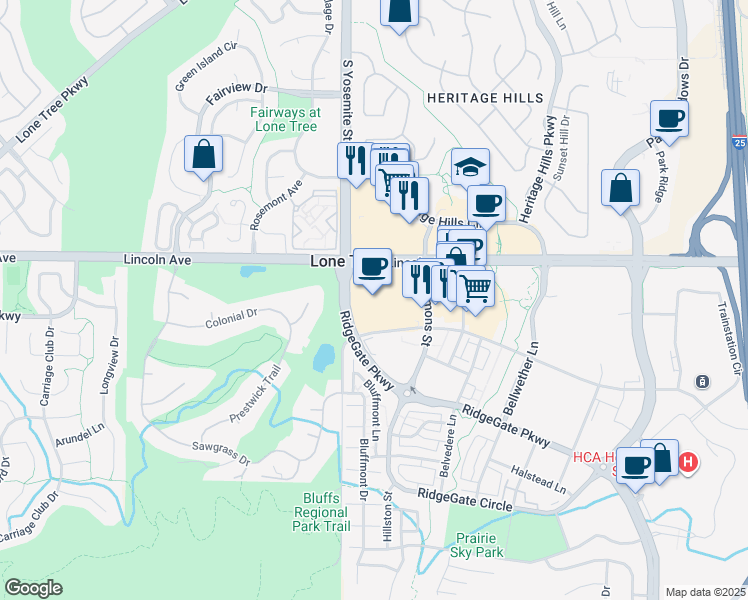map of restaurants, bars, coffee shops, grocery stores, and more near 10001 Commons Street in Lone Tree