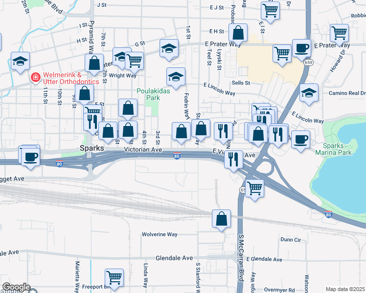 map of restaurants, bars, coffee shops, grocery stores, and more near 231 1st Street in Sparks