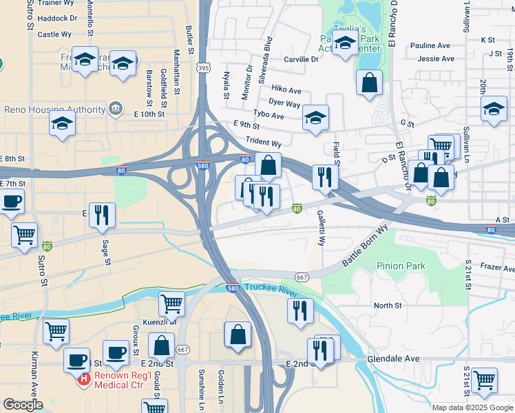 map of restaurants, bars, coffee shops, grocery stores, and more near 2525 East 4th Street in Reno