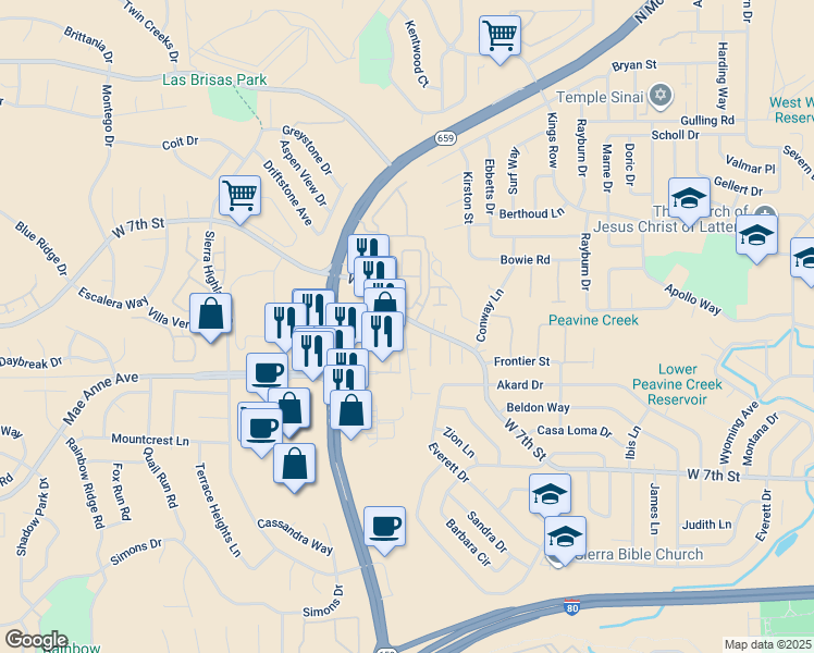 map of restaurants, bars, coffee shops, grocery stores, and more near 4195 West 7th Street in Reno