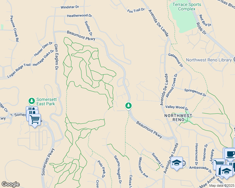 map of restaurants, bars, coffee shops, grocery stores, and more near 2173 Castle Rock Drive in Reno