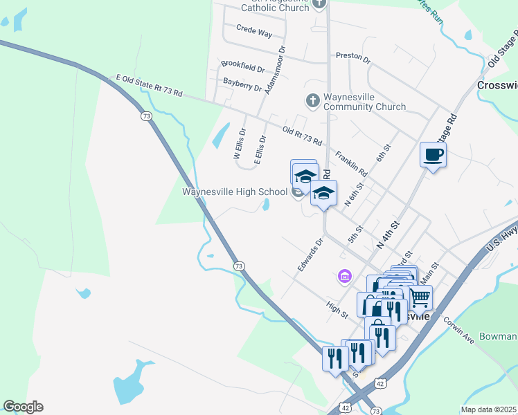 map of restaurants, bars, coffee shops, grocery stores, and more near 659 Dayton Road in Waynesville