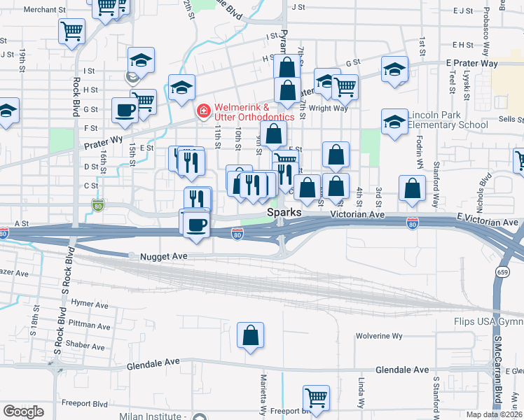map of restaurants, bars, coffee shops, grocery stores, and more near 829 C Street in Sparks