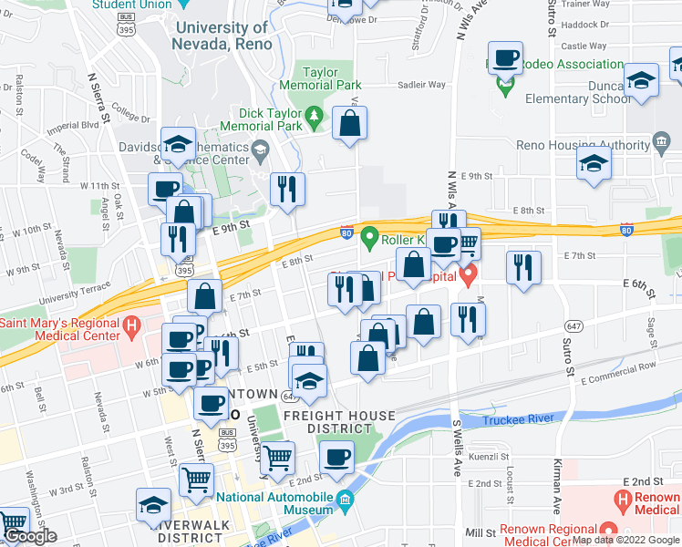 map of restaurants, bars, coffee shops, grocery stores, and more near 465 East 7th Street in Reno