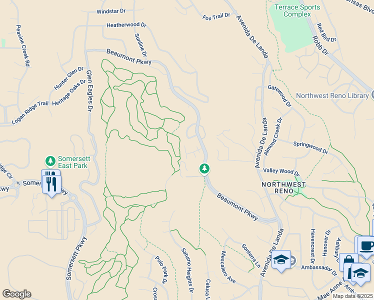 map of restaurants, bars, coffee shops, grocery stores, and more near 2173 Castle Rock Drive in Reno
