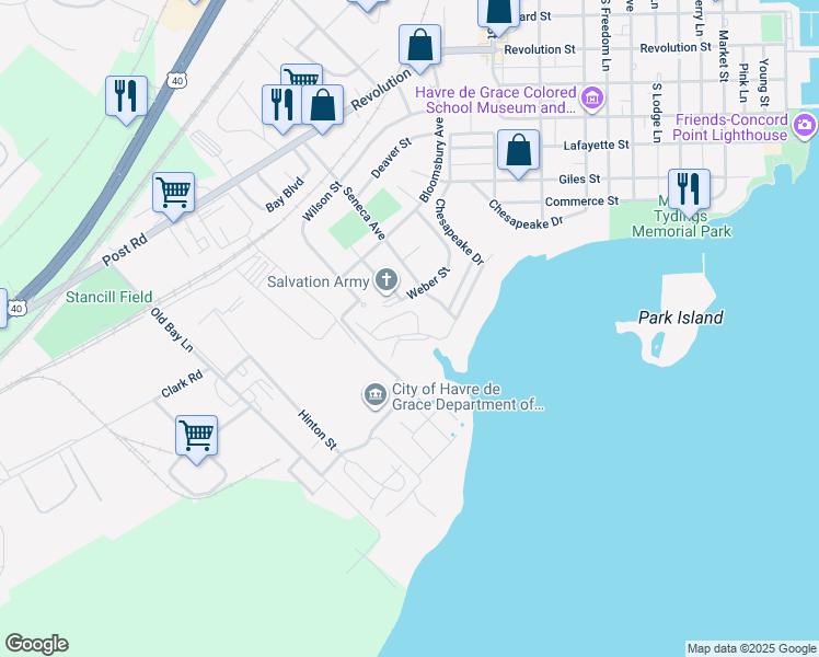 map of restaurants, bars, coffee shops, grocery stores, and more near 1109 Chesapeake Drive in Havre de Grace