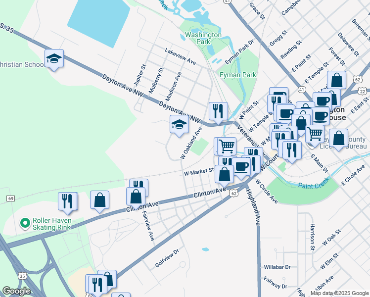 map of restaurants, bars, coffee shops, grocery stores, and more near 720 West Oakland Avenue in Washington Court House