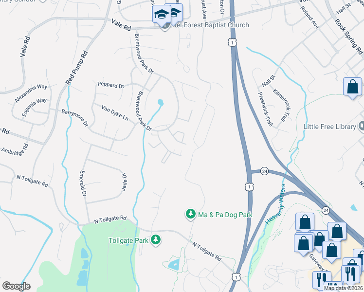 map of restaurants, bars, coffee shops, grocery stores, and more near 945 Gainsborough Court in Bel Air