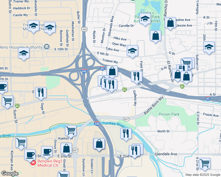 map of restaurants, bars, coffee shops, grocery stores, and more near 2525 East 4th Street in Reno