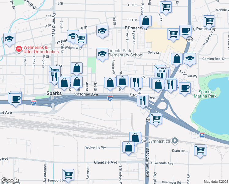 map of restaurants, bars, coffee shops, grocery stores, and more near 40 Victorian Avenue in Sparks
